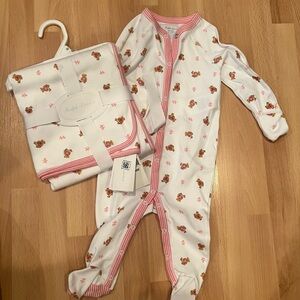 Ralph Lauren White and Pink Bear Print Footie and Blanket gift set NWT